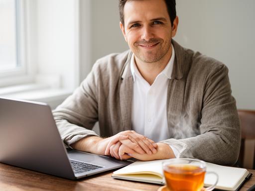 Portrait of the AI creator behind the blog, sitting at a wooden desk with a laptop, notebook, and a cup of tea, exuding a focused yet approachable vibe