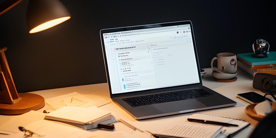 A cozy desk setup with a laptop open to a blog editor, surrounded by notebooks and a warm lamp, representing an AI creator documenting their journey