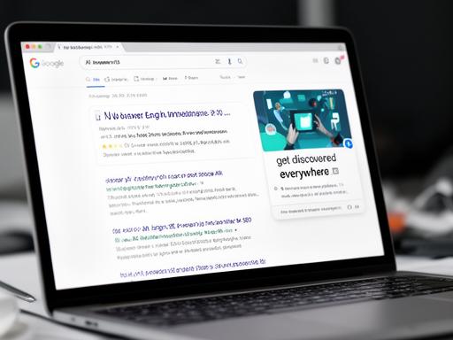 A laptop screen showing search engine results and an AI answer box, representing strategies for visibility in both traditional and AI-powered search