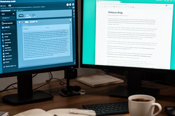 A desk with dual monitors showing an AI writing tool and a blog draft in progress, with a notebook and coffee nearby